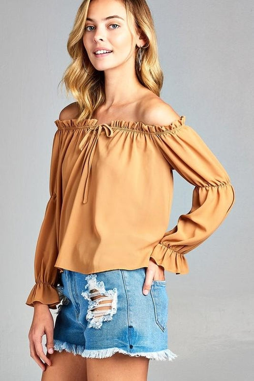 Puff Long Sleeve Ruffled Front Tie Off Shoulder Top